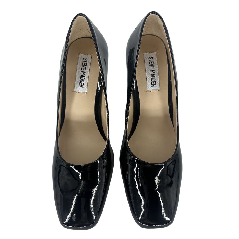 Steve Madden Black Patent Synthetic Leather Square Toe Chunky Block Heel Shoe 7M - Picture 3 of 8